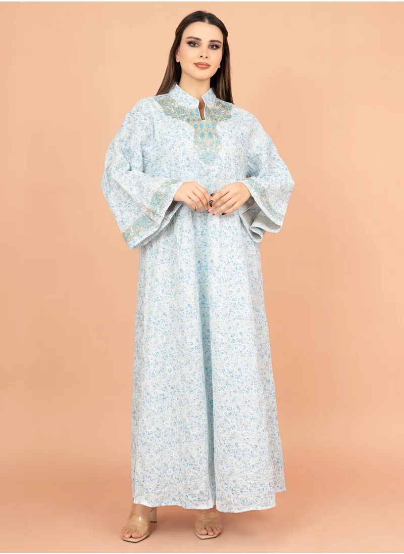 IKKXA Mandarin Collar Embroidered Jalabiya with Printed Pattern IK4009 Blue