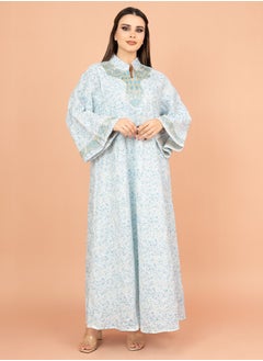 اكسا جلابية عنق اسيوي مطرزة منقوشة IK4009 ازرق  - Image 1