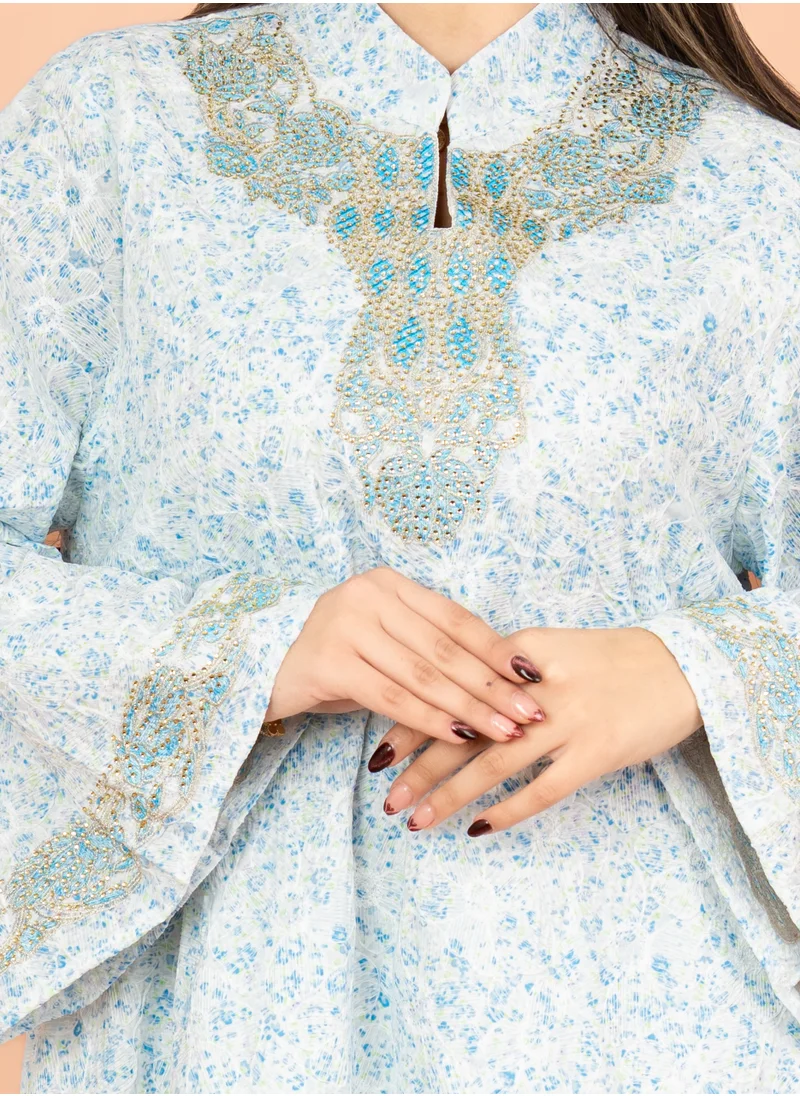 IKKXA Mandarin Collar Embroidered Jalabiya with Printed Pattern IK4009 Blue