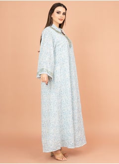 اكسا جلابية عنق اسيوي مطرزة منقوشة IK4009 ازرق  - Image 3