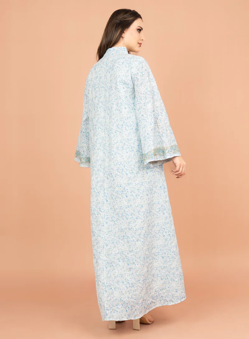 IKKXA Mandarin Collar Embroidered Jalabiya with Printed Pattern IK4009 Blue