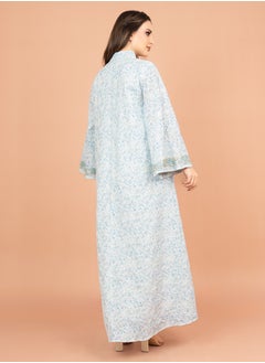 اكسا جلابية عنق اسيوي مطرزة منقوشة IK4009 ازرق  - Image 4