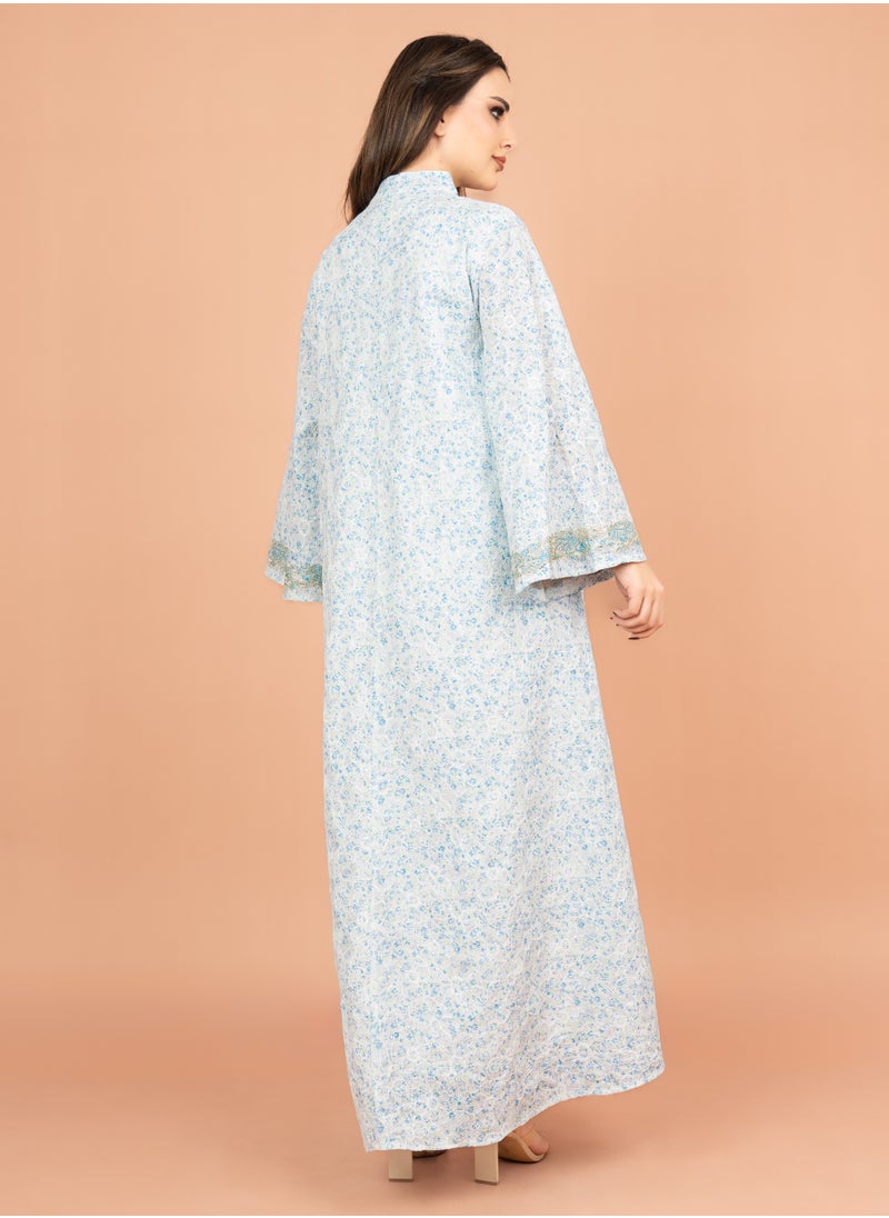 اكسا - جلابية عنق اسيوي مطرزة منقوشة IK4009 ازرق - Image 1