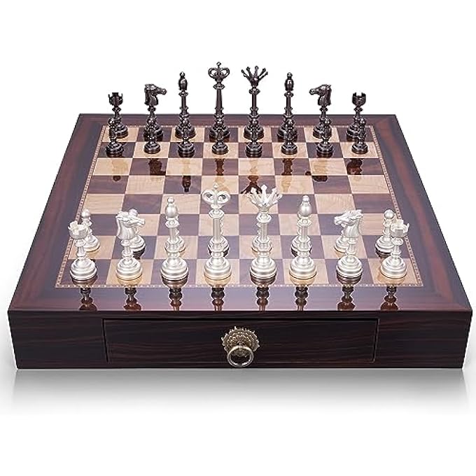 AMEROUS 20 Inches Wooden Chess Set with Metal Chess Pieces 45 King  2 Builtin Storage Drawers  Gift PackagingTournament Chess Board Games for Adults and Kids - Image 1