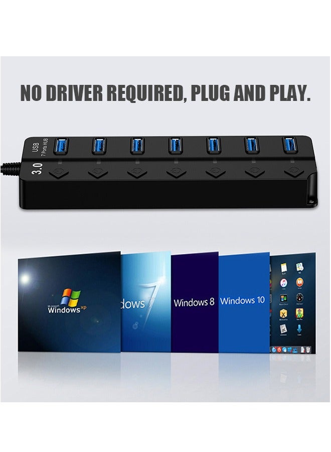 7 in 1 USB Hub USB Splitter 3.0 with Individual LED, Multiport USB C Adapter Dongle, Portable USB Port Extender for Laptops PC MacBook Mac Pro and More (Black) - Image 5