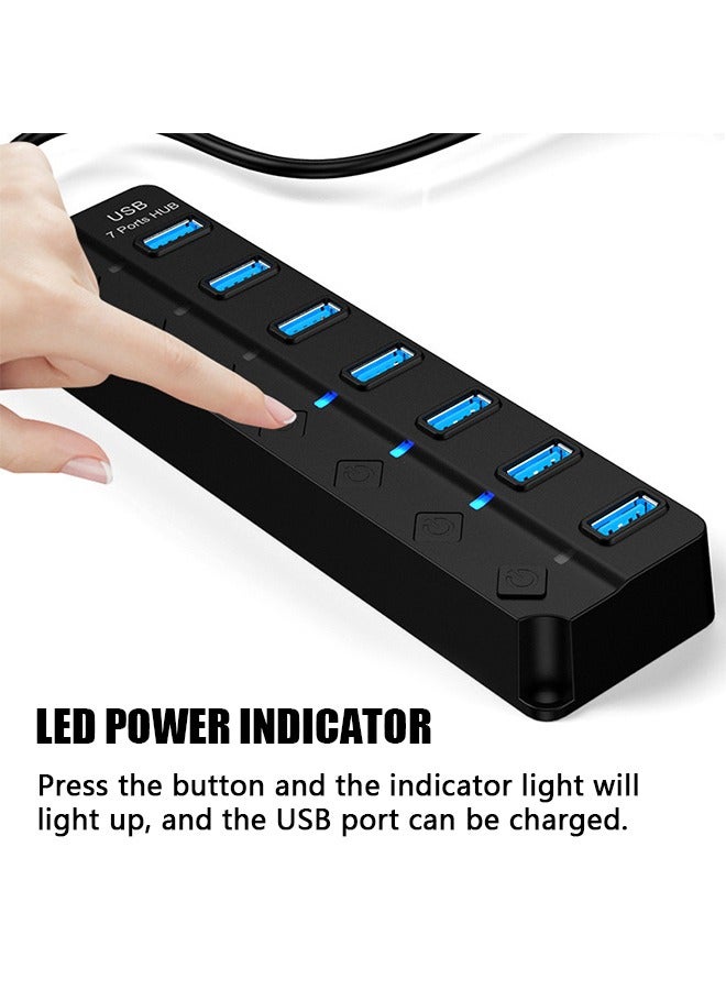 7 in 1 USB Hub USB Splitter 3.0 with Individual LED, Multiport USB C Adapter Dongle, Portable USB Port Extender for Laptops PC MacBook Mac Pro and More (Black) - Image 3