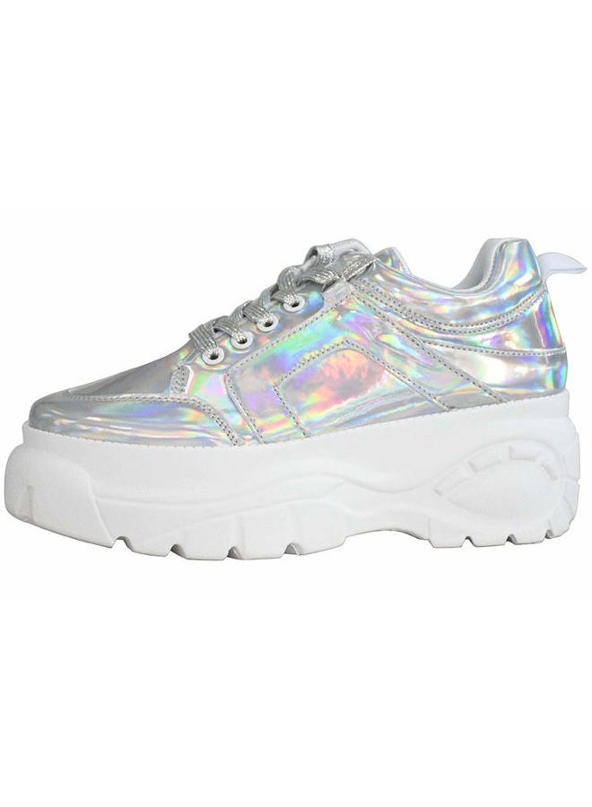 LUCKY STEP Women Chunky Platform Dad Colorblock White Neon Green Fuchsia Hologram Silver Casual Lace-Up Walking Sneakers 6 B M US Hologram Silver, 37 EU - Image 1