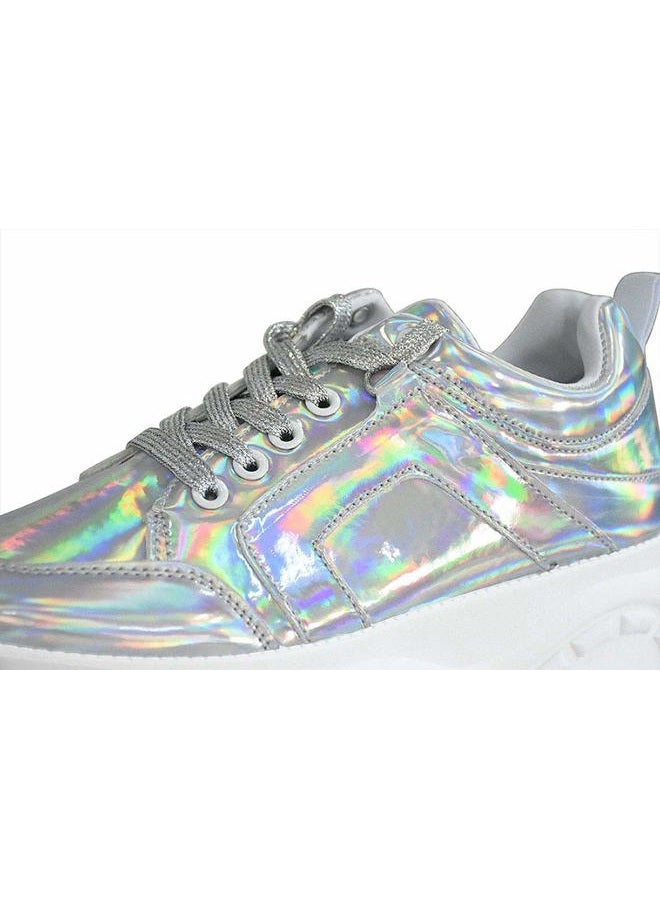 LUCKY STEP Women Chunky Platform Dad Colorblock White Neon Green Fuchsia Hologram Silver Casual Lace-Up Walking Sneakers 6 B M US Hologram Silver, 37 EU - Image 5