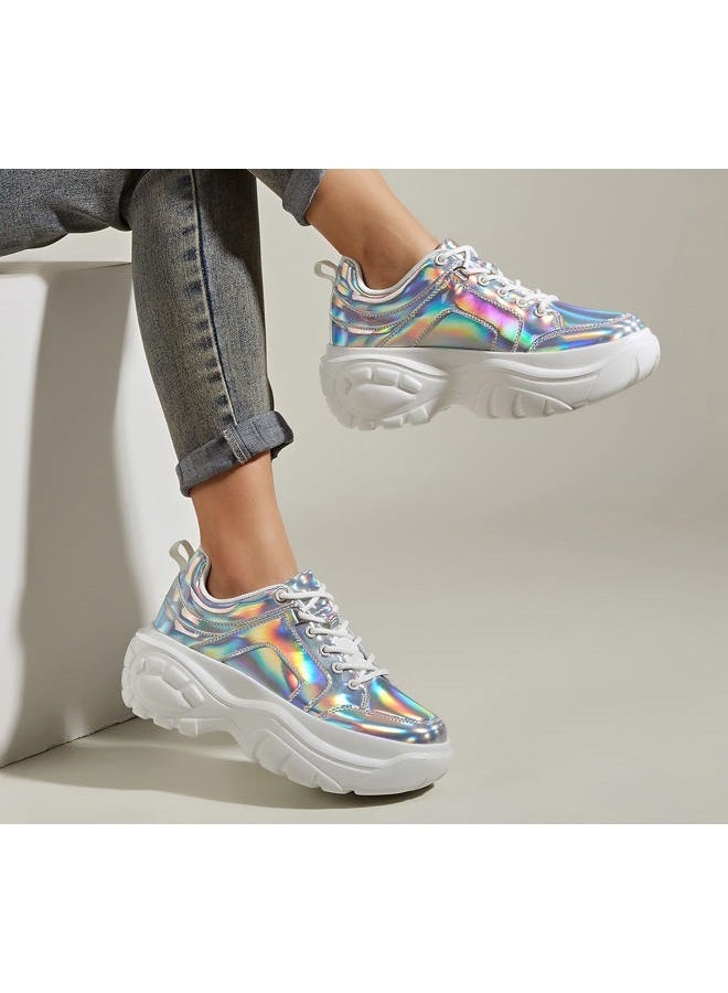 LUCKY STEP Women Chunky Platform Dad Colorblock White Neon Green Fuchsia Hologram Silver Casual Lace-Up Walking Sneakers 6 B M US Hologram Silver, 37 EU - Image 2