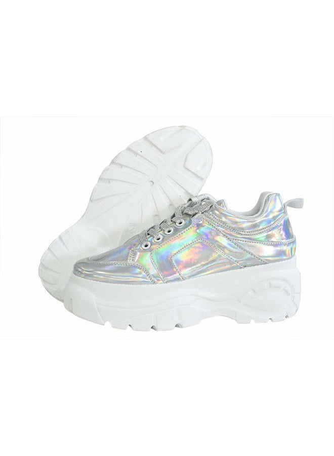 LUCKY STEP Women Chunky Platform Dad Colorblock White Neon Green Fuchsia Hologram Silver Casual Lace-Up Walking Sneakers 6 B M US Hologram Silver, 37 EU - Image 3