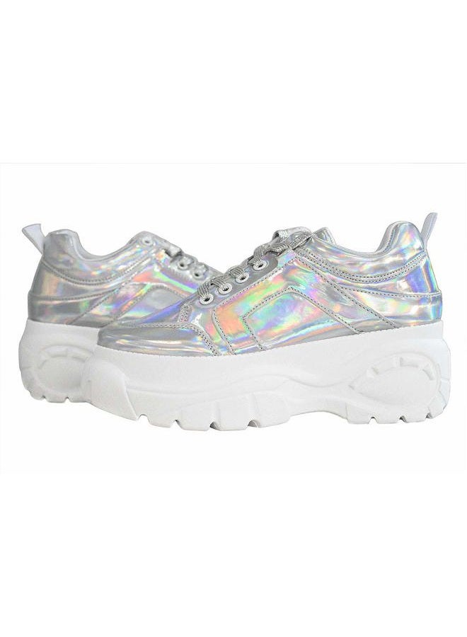 LUCKY STEP Women Chunky Platform Dad Colorblock White Neon Green Fuchsia Hologram Silver Casual Lace-Up Walking Sneakers 6 B M US Hologram Silver, 37 EU - Image 4