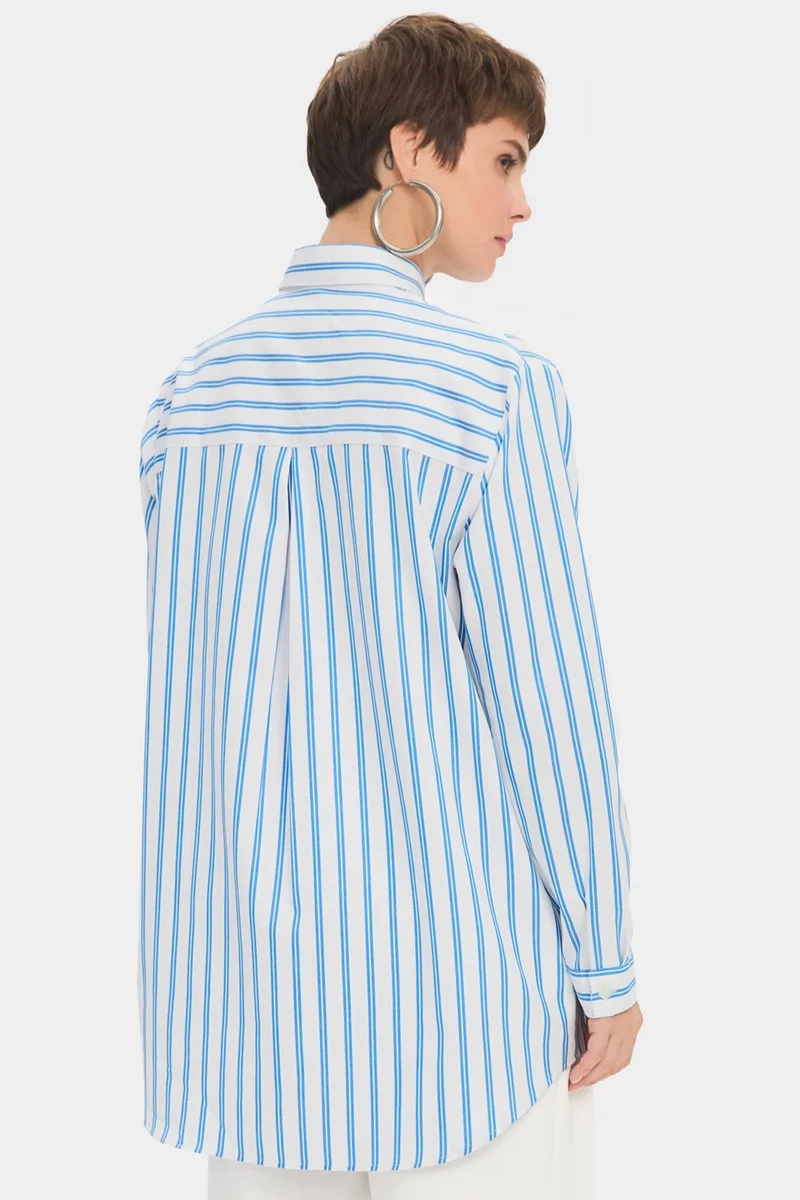 جون Women's Oversize/loose Cut 100% Cotton Blue Striped Shirt