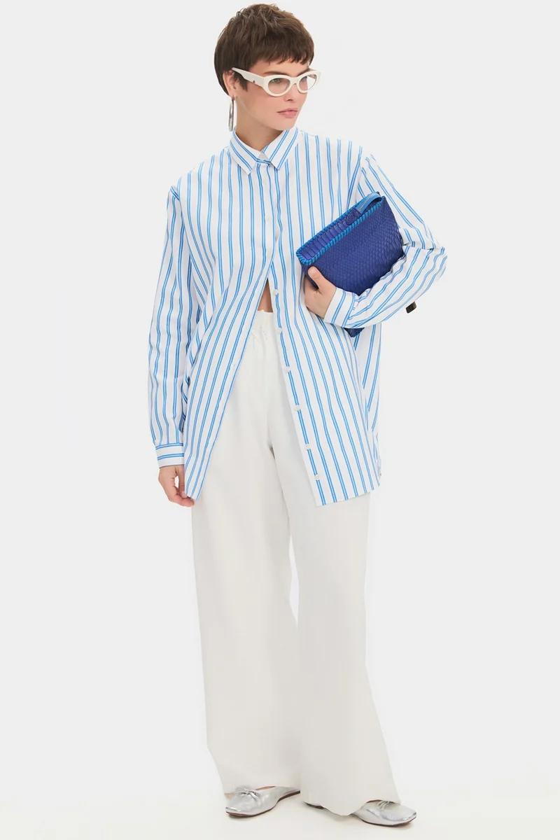 جون Women's Oversize/loose Cut 100% Cotton Blue Striped Shirt