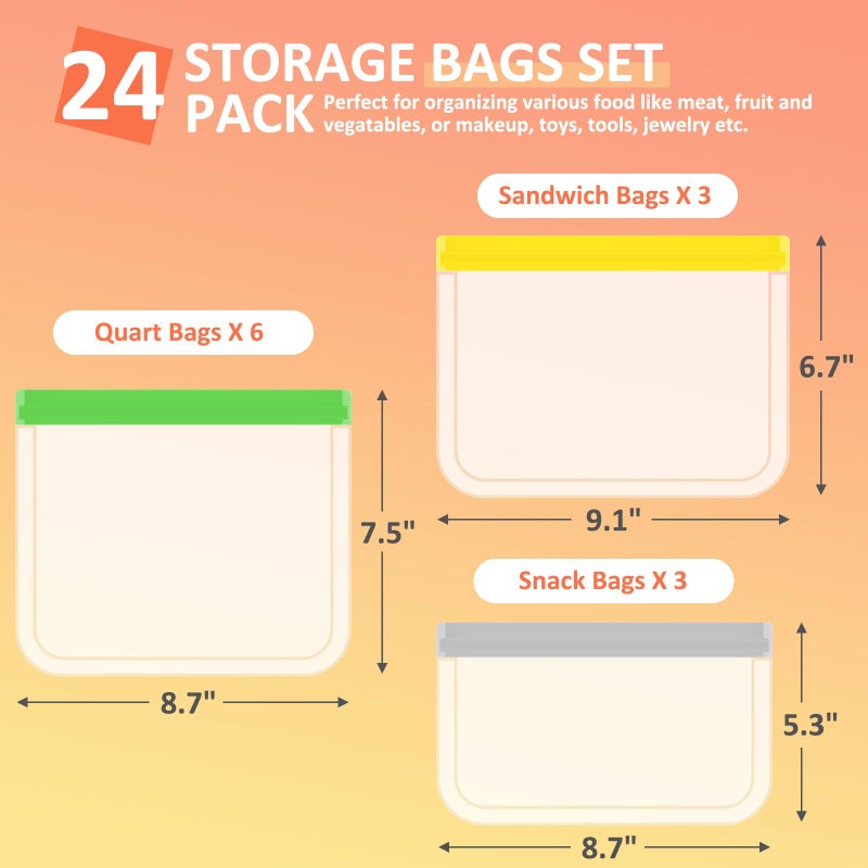 Annaklin 24 Pack Reusable PEVA Food Storage Bags Gallon Freezer Bags, Leak-proof Ziplock Bags for Meal Prep, Travel, Reusable Sandwich Bags for Home Organiz- 6 Gallon 6 Large 6 Quart 3 Sandwich 3 Snack Bags - Image 4