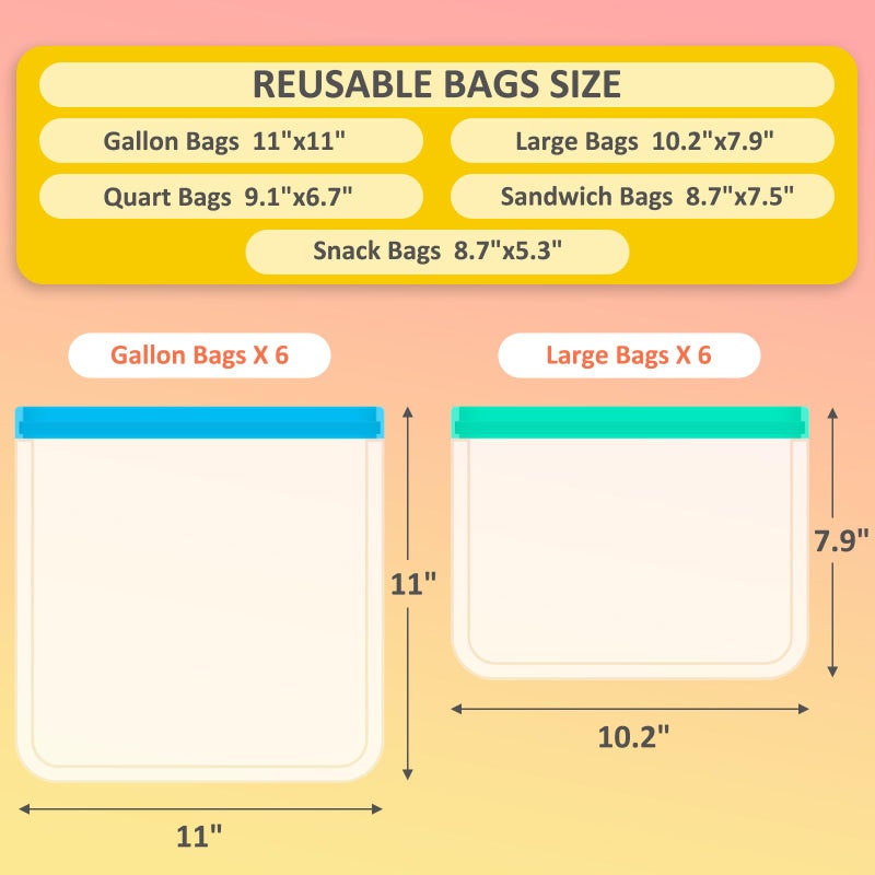 Annaklin 24 Pack Reusable PEVA Food Storage Bags Gallon Freezer Bags, Leak-proof Ziplock Bags for Meal Prep, Travel, Reusable Sandwich Bags for Home Organiz- 6 Gallon 6 Large 6 Quart 3 Sandwich 3 Snack Bags - Image 3