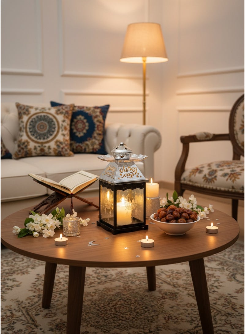 Living Ramadan Lantern Glass with Silver Steel Touch Islamic Decoration and Serving Plate, Black/Silver - Image 1