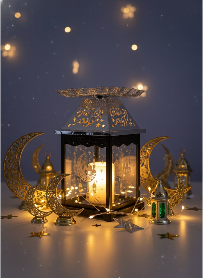 Living Ramadan Lantern Glass with Silver Steel Touch Islamic Decoration and Serving Plate, Black/Silver - Image 2