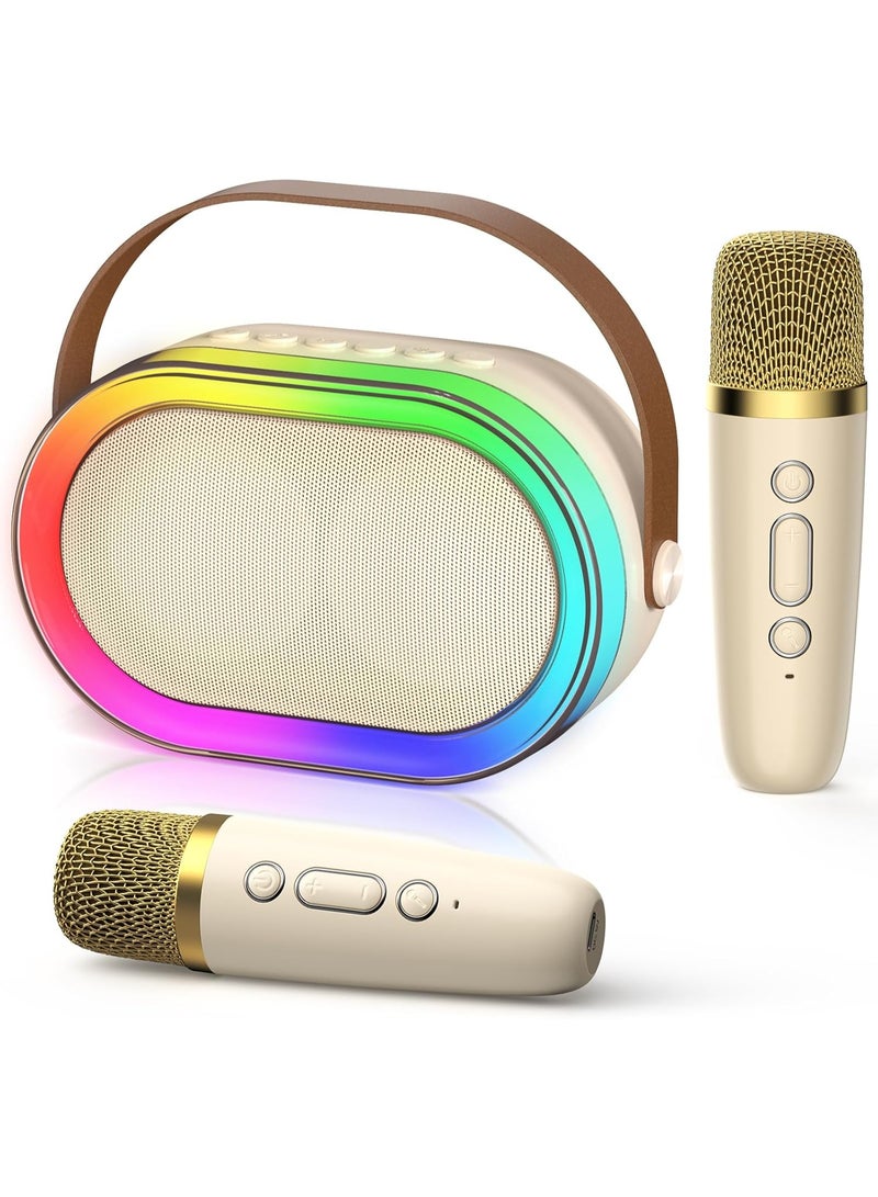 M.A&F's Mini Karaoke Machine for Kids Adults, Portable Bluetooth Speaker with 2 Wireless Microphones & LED Lights for Home Party Gathering, Birthday Gifts for Girls Boys (Beige) - Image 1