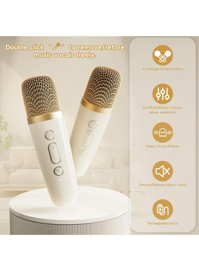 M.A&F's Mini Karaoke Machine for Kids Adults, Portable Bluetooth Speaker with 2 Wireless Microphones & LED Lights for Home Party Gathering, Birthday Gifts for Girls Boys (Beige) - Image 4