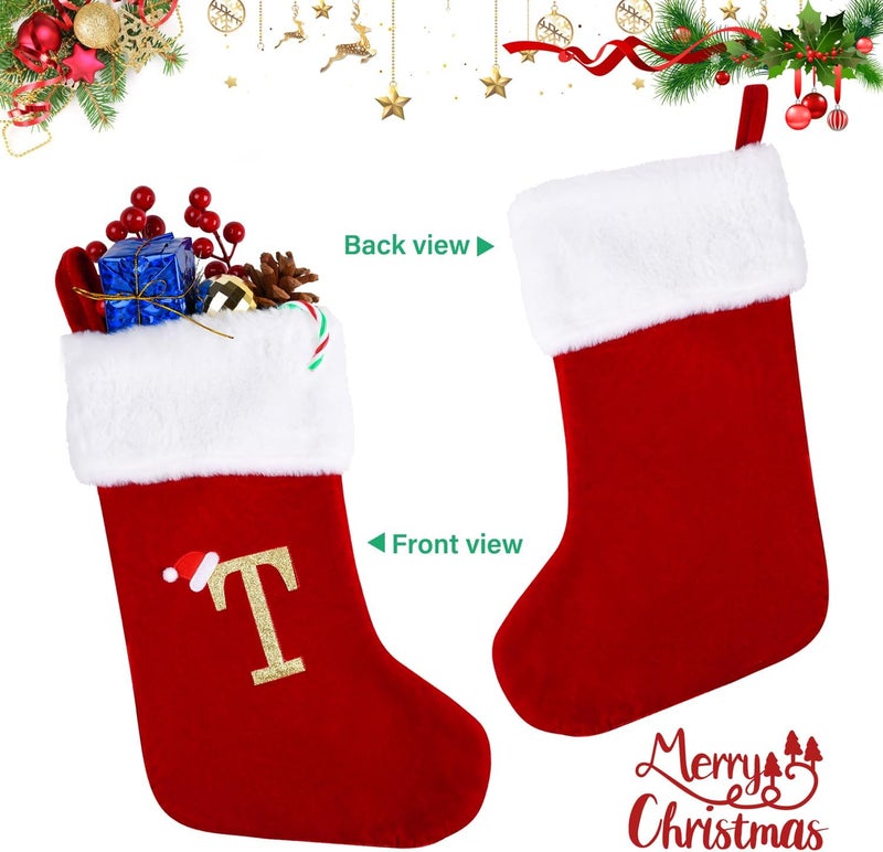 Sailup Store 20 Inches Monogram Christmas Stockings with Letters, Large Super Soft Christmas Stockings Red Velvet with White Super Soft Plush Cuff for Christmas Xmas Tree Holiday Fireplace (T) - Image 3
