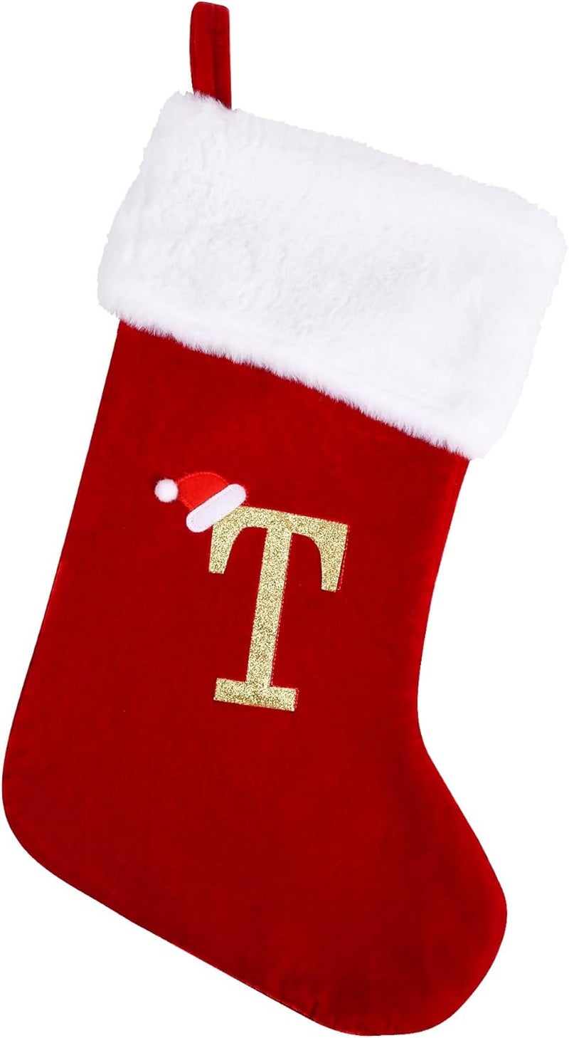 Sailup Store 20 Inches Monogram Christmas Stockings with Letters, Large Super Soft Christmas Stockings Red Velvet with White Super Soft Plush Cuff for Christmas Xmas Tree Holiday Fireplace (T) - Image 1