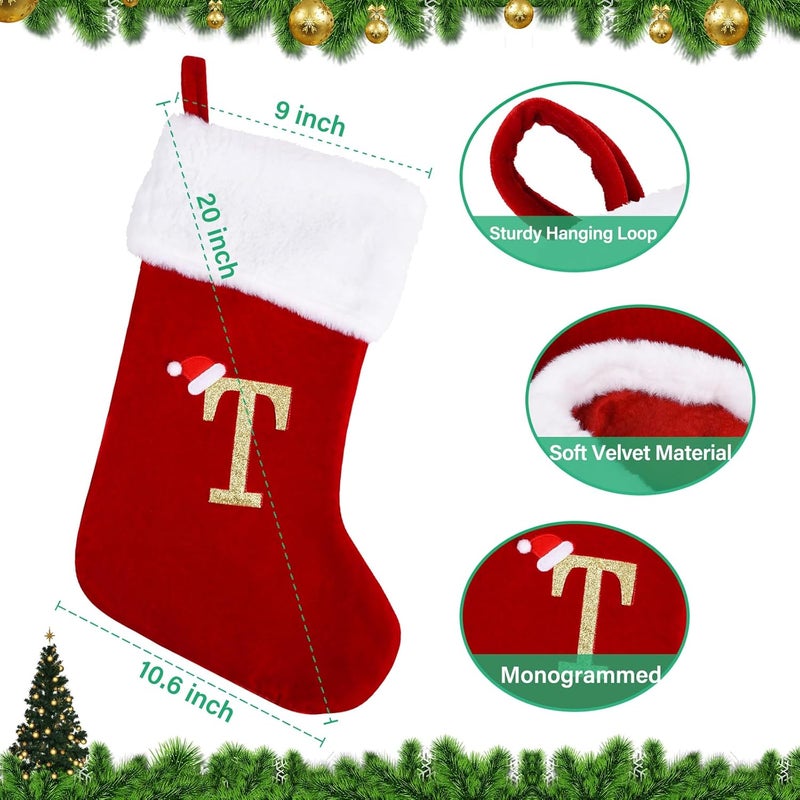 Sailup Store 20 Inches Monogram Christmas Stockings with Letters, Large Super Soft Christmas Stockings Red Velvet with White Super Soft Plush Cuff for Christmas Xmas Tree Holiday Fireplace (T) - Image 2