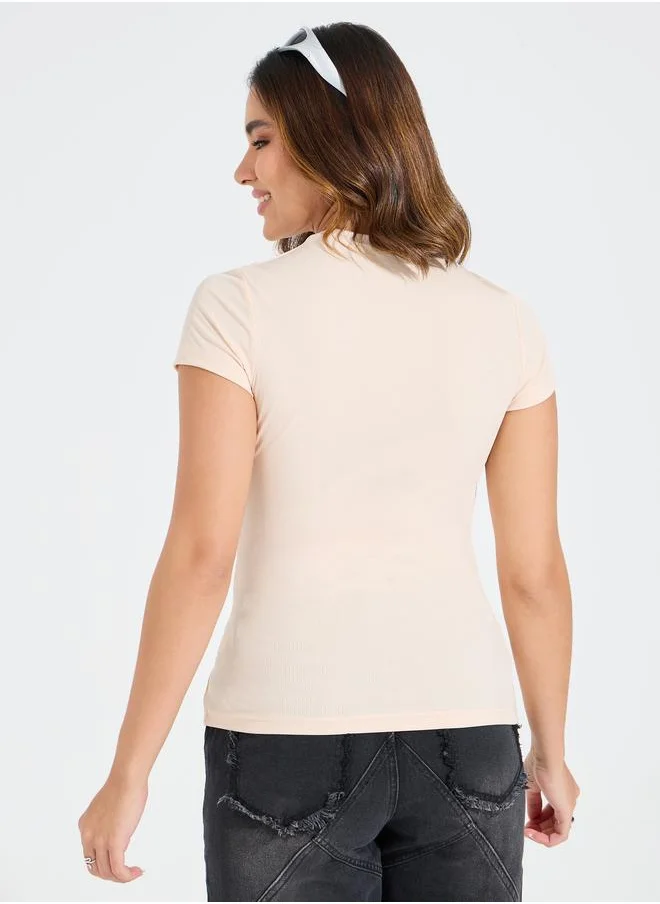 Styli Rib High Neck Top with Side Cut Out