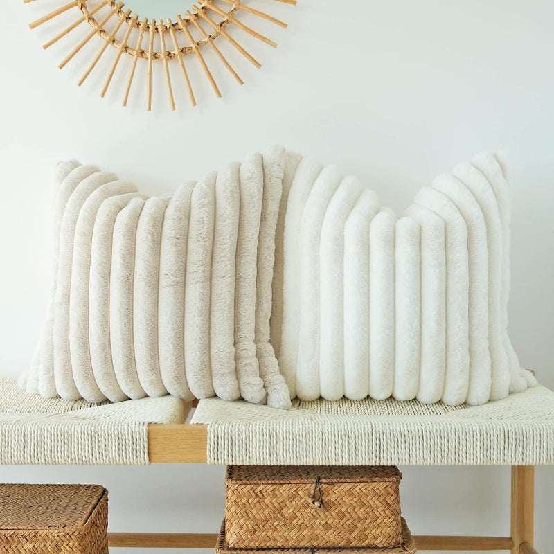 JOJUSIS Pack of 2 Faux Fur Plush Decorative Throw Pillow Covers Couch Cushion Case Soft Pillowcases (Beige, 24 x 24-Inch) - Image 3