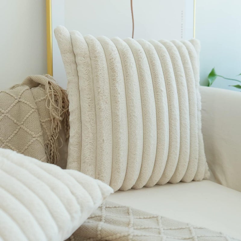 JOJUSIS Pack of 2 Faux Fur Plush Decorative Throw Pillow Covers Couch Cushion Case Soft Pillowcases (Beige, 24 x 24-Inch) - Image 4