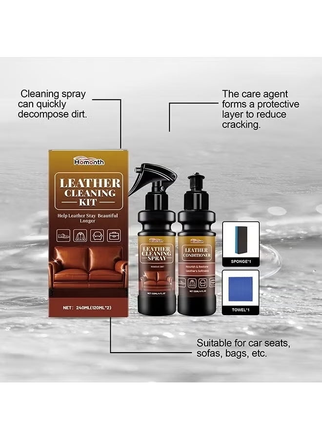 Homonth Leather Cleaning Care Set with Sponge Towel - 120ML Leather Cleaner and 120ML Leather Conditioner - Nourishing Care Shine Renovation Antifouling -Leather Furniture Cleaner for Leather Sofas Car Seats, All Leather Items - Furniture & Chair Restoration Kit - Image 5