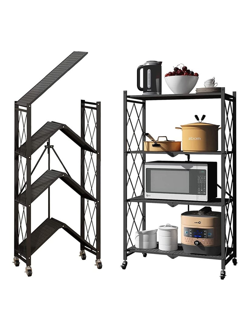 DubaiGallery وحدة رفوف تخزين قابلة للطي بأربعة مستويات، رف تخزين معدني مع عجلات، رف عرض تخزين لل garage، خزانة مطبخ وغسيل، أسود، رف بأربعة مستويات - Image 2