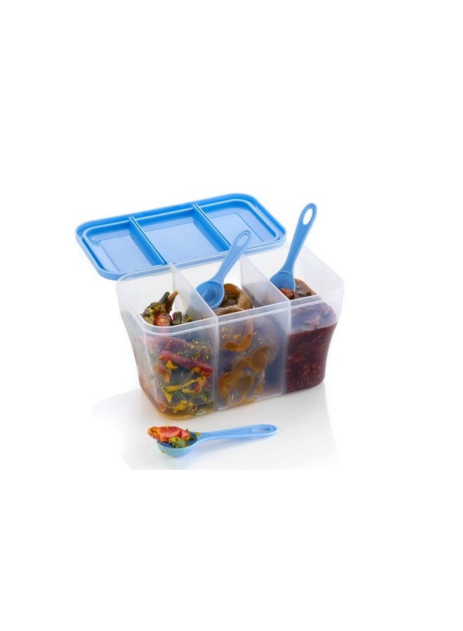 HAPPI Multipurpose Plastic 3 In 1 Masala Box for Kitchen, Spice Boxes for Kitchen, Transparent 3 Compartment Storage Containers Airtight Dry Fruits Dabba 1100 Ml with 3 Spoons(Blue) - Image 1