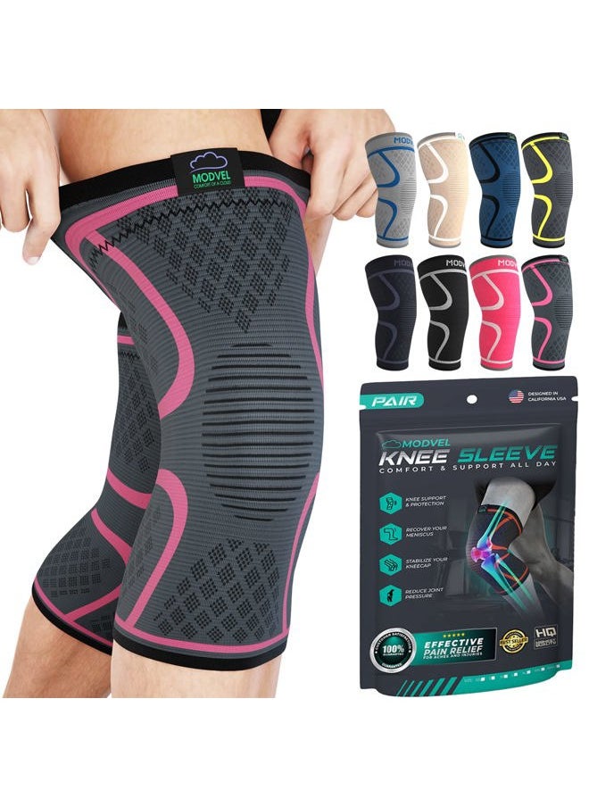 Modvel 2 Pack Knee Brace for Women & Men - Workout Knees Compression Sleeve for Knee Pain Relief Joint Support for ACL, Arthritis, Meniscus Tear Knees Brace for Sports, Rodilleras para Gym Fitness  - Image 1