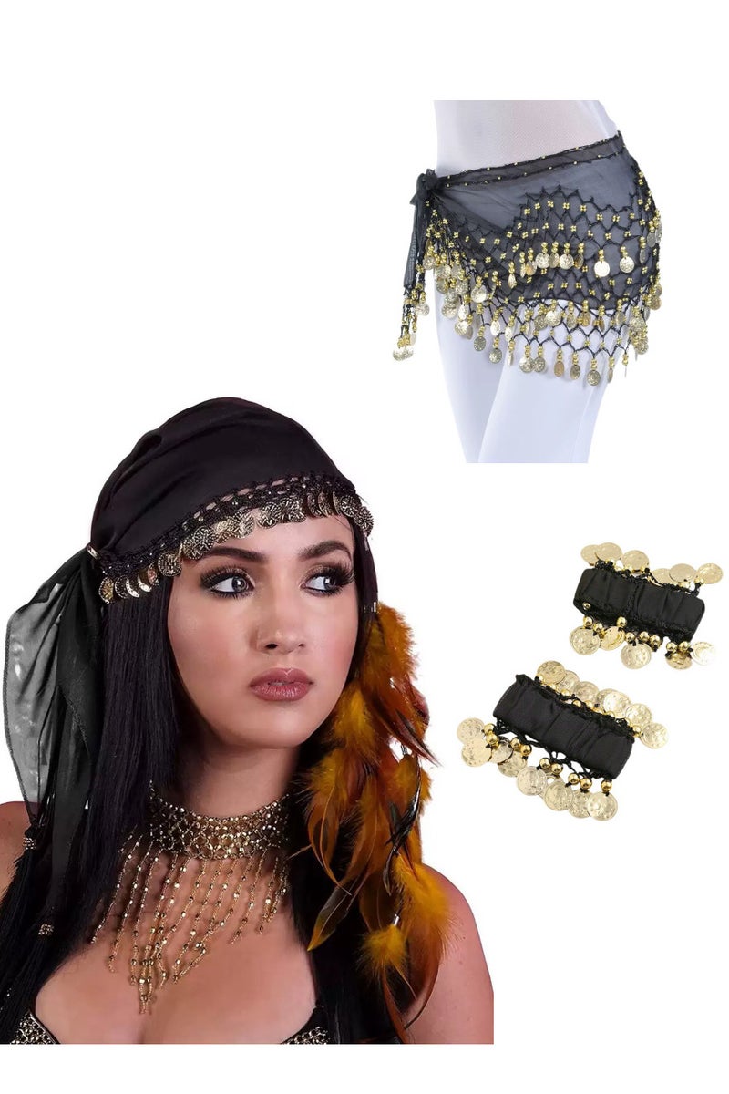 Black Phantom · Belly Trio Set. سلسلة الخصر الكريستالية الهامشية + سوار قطع الزوجية + قبعة رقص الحجاب الخرزية