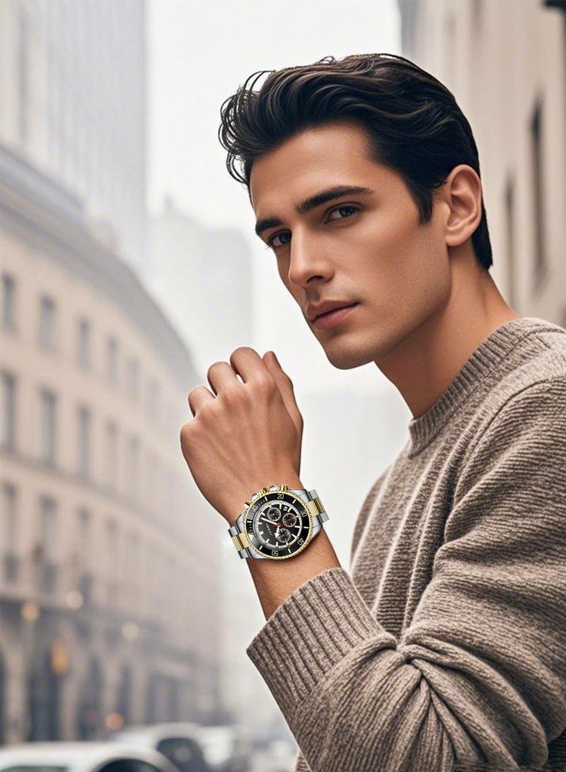 SINOBI Men's Luxury Business Watch | Gold & Silver Dual-Tone Stainless Steel Strap | 30M Waterproof with Date & Chronograph | Sleek Black Dial, Luminous Hands, Sapphire Glass - Image 2