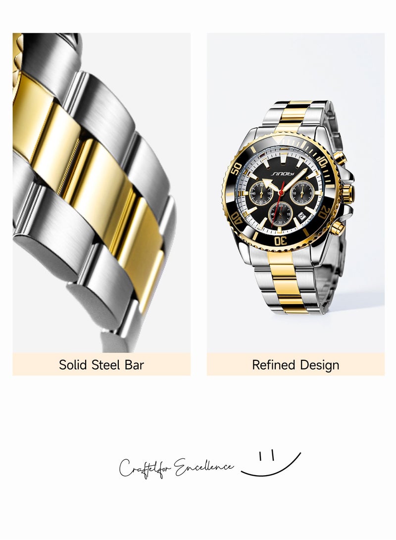 SINOBI Men's Luxury Business Watch | Gold & Silver Dual-Tone Stainless Steel Strap | 30M Waterproof with Date & Chronograph | Sleek Black Dial, Luminous Hands, Sapphire Glass - Image 3