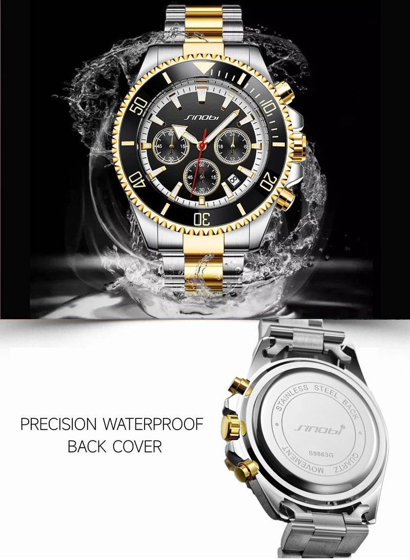 SINOBI Men's Luxury Business Watch | Gold & Silver Dual-Tone Stainless Steel Strap | 30M Waterproof with Date & Chronograph | Sleek Black Dial, Luminous Hands, Sapphire Glass - Image 4