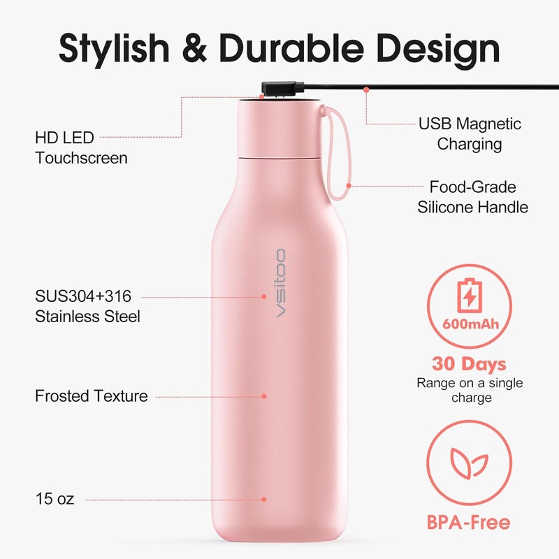 vsitoo 33oz Smart Self Cleaning Water Bottle，Insulated Water Bottle with Stainless Steel, BPA-Free, AI Self-Clean, 30-Day Battery, Magnetic Charging for Travel, Gym or Office, Pink - Image 5