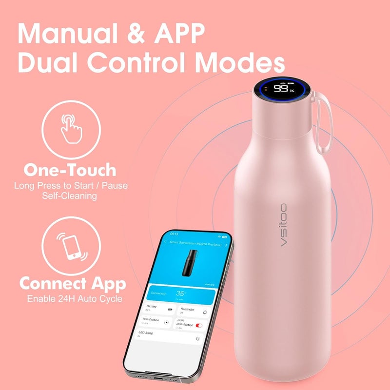 vsitoo 33oz Smart Self Cleaning Water Bottle，Insulated Water Bottle with Stainless Steel, BPA-Free, AI Self-Clean, 30-Day Battery, Magnetic Charging for Travel, Gym or Office, Pink - Image 4