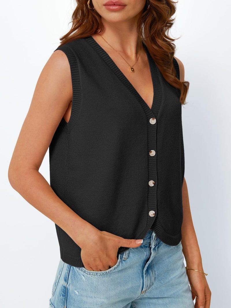 LILLUSORY Womens Fall Fashion Sweaters Vest Tops Knit Sleeveless Button Down V Neck Casual Clothes Trendy Outfits 2025 Black M - Image 3