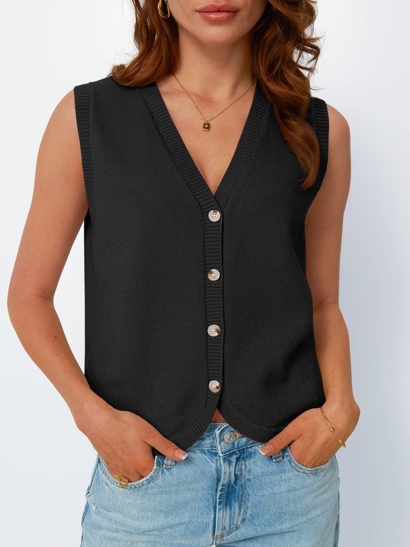 LILLUSORY Womens Fall Fashion Sweaters Vest Tops Knit Sleeveless Button Down V Neck Casual Clothes Trendy Outfits 2025 Black M - Image 2