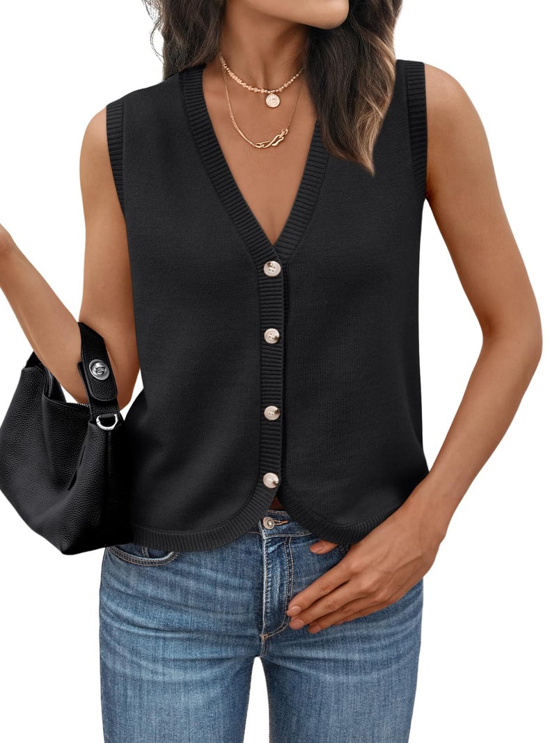 LILLUSORY Womens Fall Fashion Sweaters Vest Tops Knit Sleeveless Button Down V Neck Casual Clothes Trendy Outfits 2025 Black M - Image 1