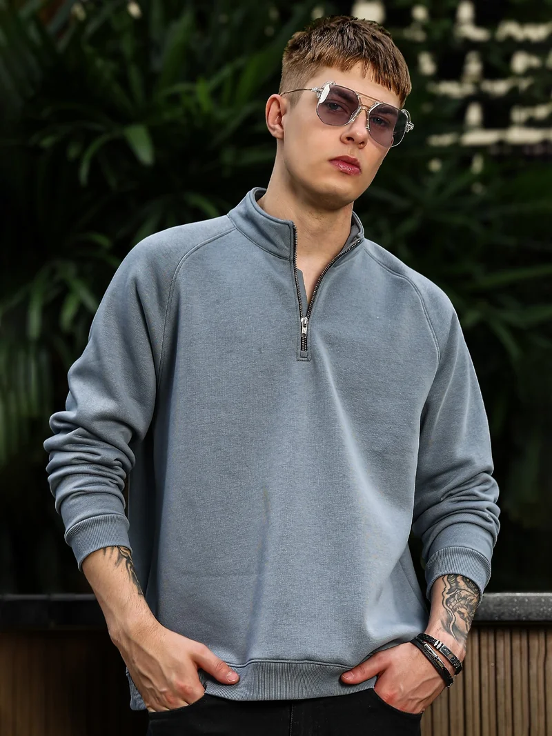 مانياك Maniac Mens Solid Full Sleeve Light Grey Fleece High Neck Half Zipper Sweatshirt