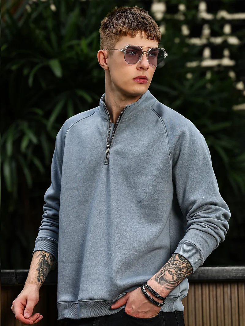 مانياك Maniac Mens Solid Full Sleeve Light Grey Fleece High Neck Half Zipper Sweatshirt