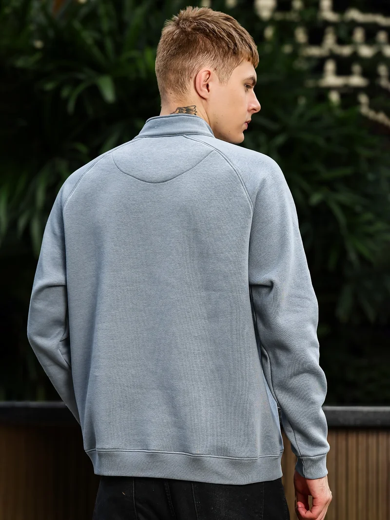 Maniac  Maniac Mens Solid Full Sleeve Light Grey Fleece High Neck Half Zipper Sweatshirt for Men | Best Price UAE