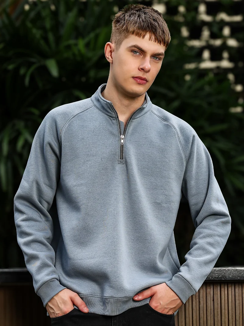 Maniac  Maniac Mens Solid Full Sleeve Light Grey Fleece High Neck Half Zipper Sweatshirt for Men | Best Price UAE