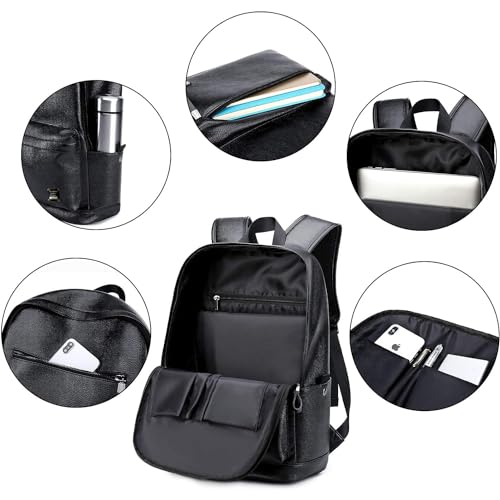 weiatas Black Leather Laptop Backpack for Men Women Work Travel, College School Backpack Casual Daypack fits 15.6 Inch - Image 4