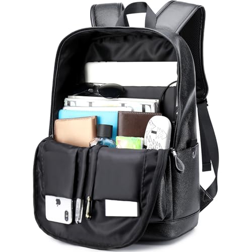 weiatas Black Leather Laptop Backpack for Men Women Work Travel, College School Backpack Casual Daypack fits 15.6 Inch - Image 2