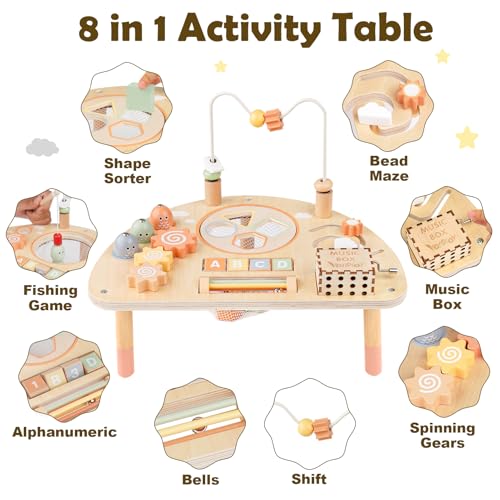 Vanplay Activity Table for 1 Year Old, Montessori Toys for 1 2 Year Old Girls Boy Gifts, 8 in 1 Wooden Sensory Play Table for Toddler 1-3, Learning Toys for Baby 12-18 Months 1st Christmas Birthday Gifts - Image 2