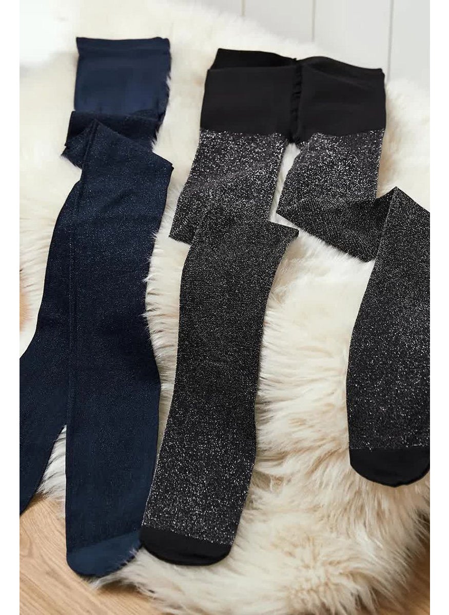 Tchibo Kids Girl 2 Pcs Textured Pull On Tights, Navy and Black and Silver  - Image 1